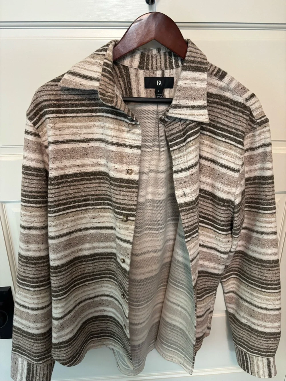 Banana Republic Men’s Large Striped Shirt Jacket (Shacket) Brown Cream Snap Fron